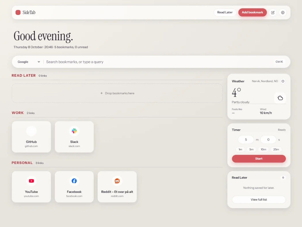 SideTab new tab page